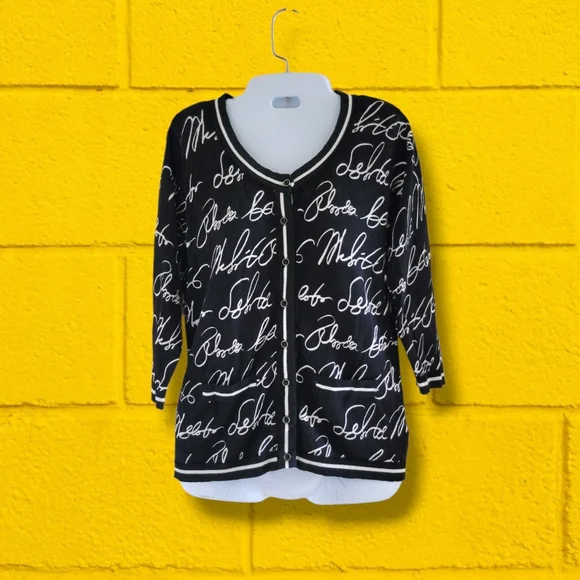 7th Avenue | Cute Black/White Script 3/4 Sleeve Knit Cardigan (SIZE M) - Picture 1 of 13